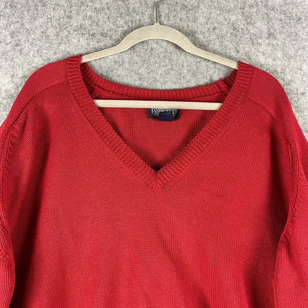 Vintage Lands End Drifter Sweater Mens XL‎ Red Knit Cotton V Neck USA Made 90s